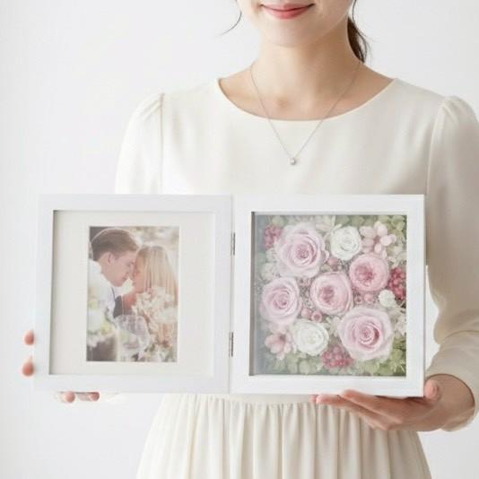 【ウエディング】フォトフレーム ボックスアレンジ 写真立て バラ ピンク 結婚祝 両親贈呈品 ギフト プリザーブド